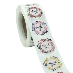 2.5cm Round Colourful Floral Wreath Thank You Sticker 50 Pack - A92