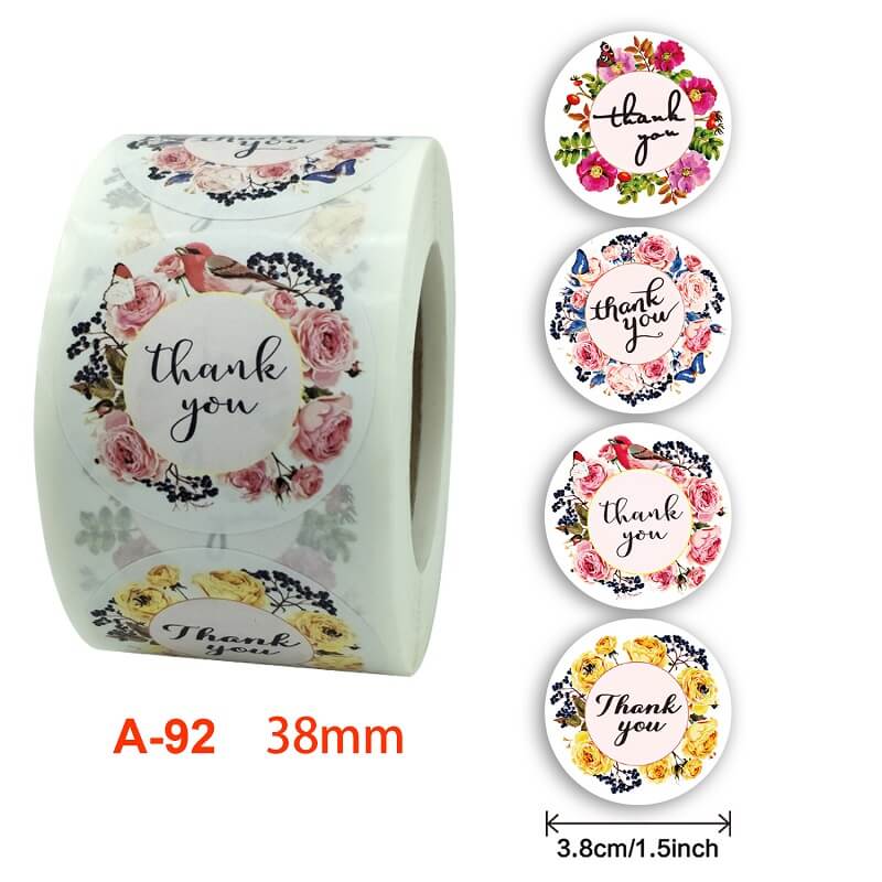 2.5cm Round Colourful Floral Wreath Thank You Sticker 50 Pack - A92