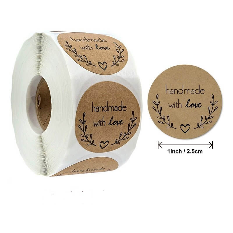 2.5cm Round Kraft Paper Wheat Wreath Handmade With Love Sticker 50 Pack - B05