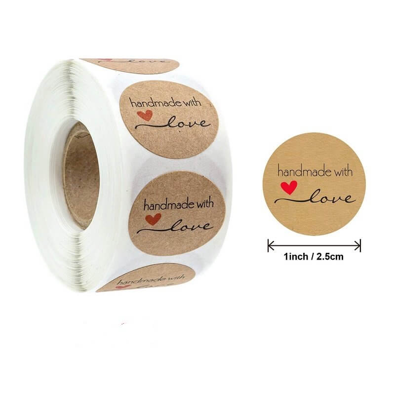 2.5cm Round Kraft Paper Handmade With Love Red Heart Sticker 50 Pack - B06