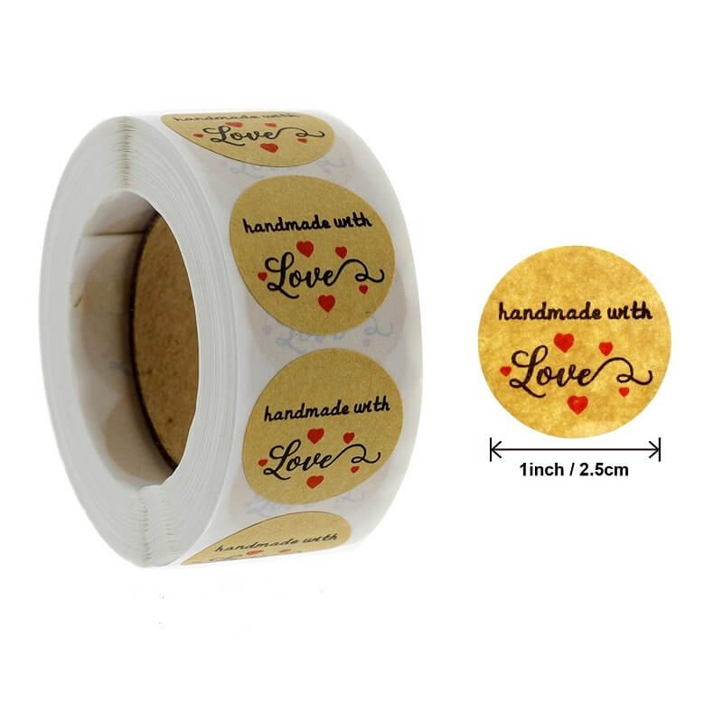 2.5cm Round Kraft Paper Handmade With Love Red Hearts Sticker 50 Pack - B08