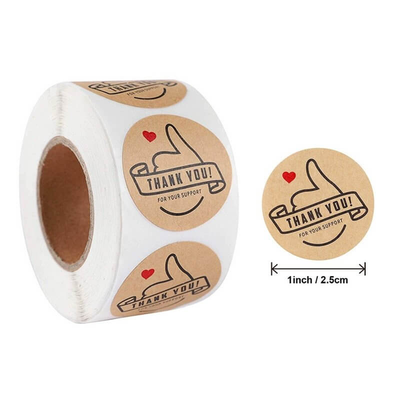 2.5cm Round Kraft Paper Thank You For Your Support Thumbs Up Sticker 50 Pack - B09