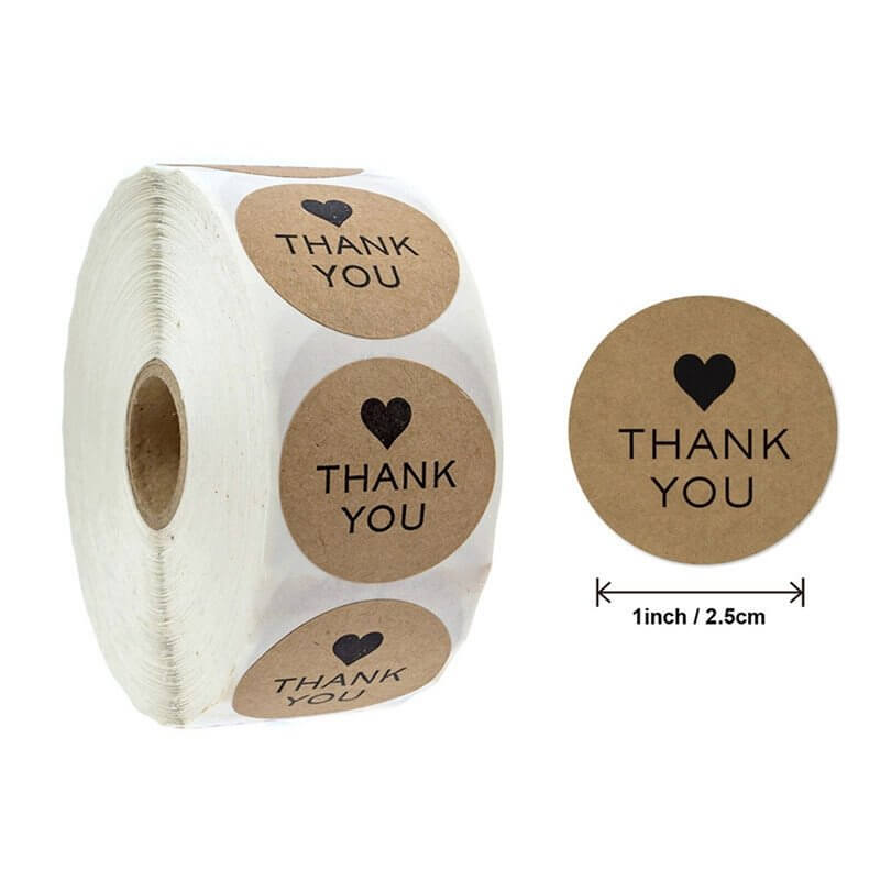2.5cm Round Kraft Paper Thank You Black Heart Sticker 50 Pack - B10