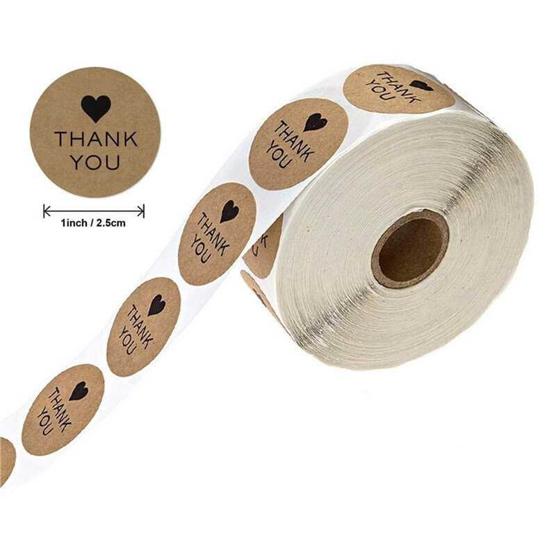 2.5cm Round Kraft Paper Thank You Black Heart Sticker 50 Pack - B10