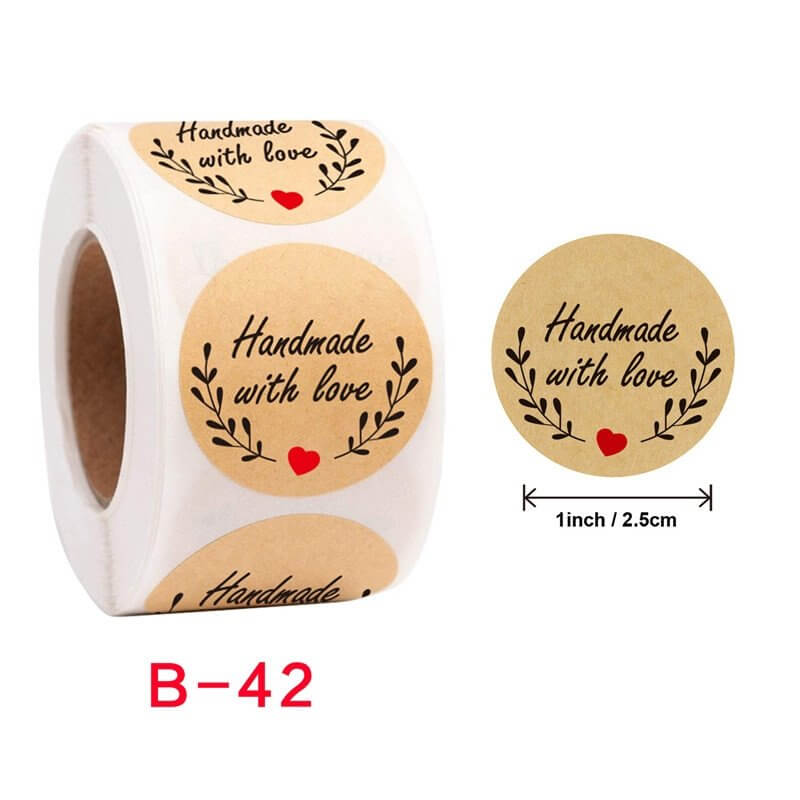 2.5cm Round Kraft Paper Wheat Wreath Handmade With Love Sticker 50 Pack - B42
