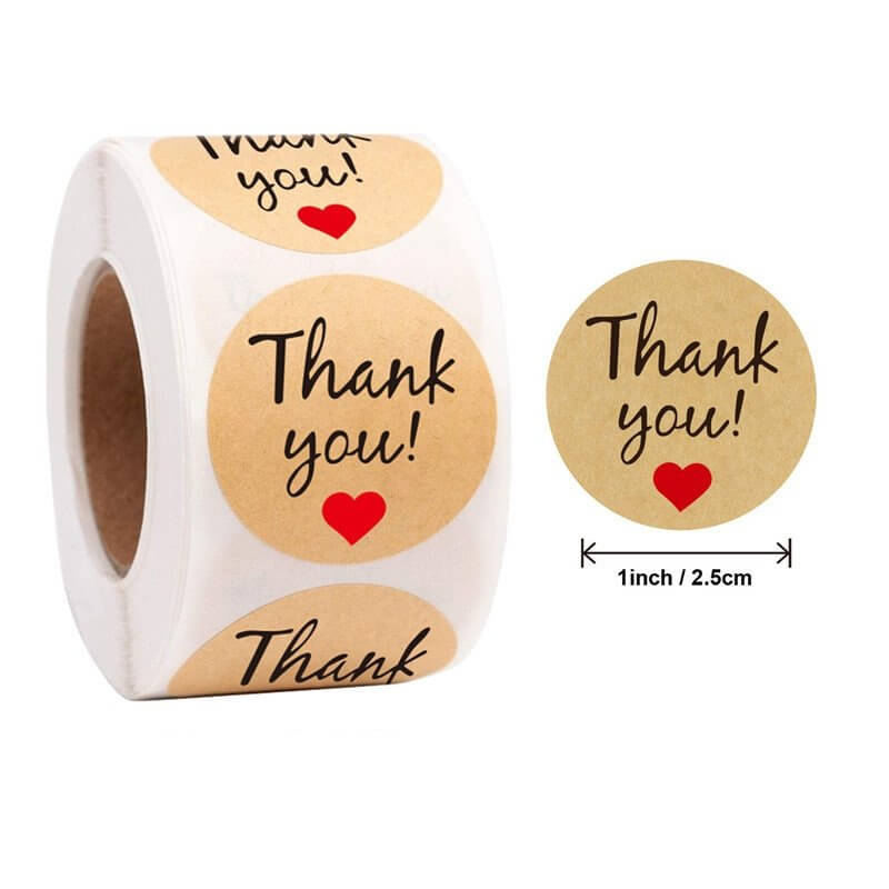 2.5cm Round Kraft Paper Thank You Red Heart Sticker 50 Pack - B43