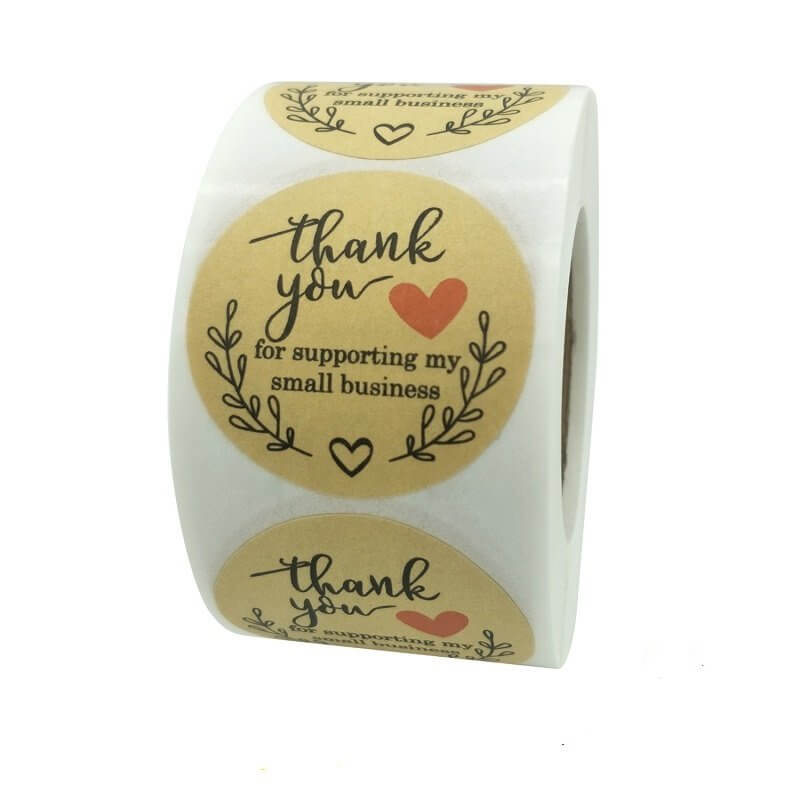 3.8cm Round Kraft Paper Wheat Wreath Thank You For Supporting My Small Business Black Print Sticker 50 Pack - B59