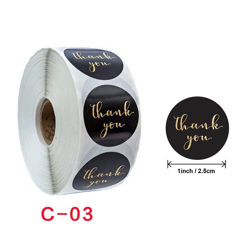 2.5cm Round Black Thank You Gold Print Sticker 50 Pack - C03