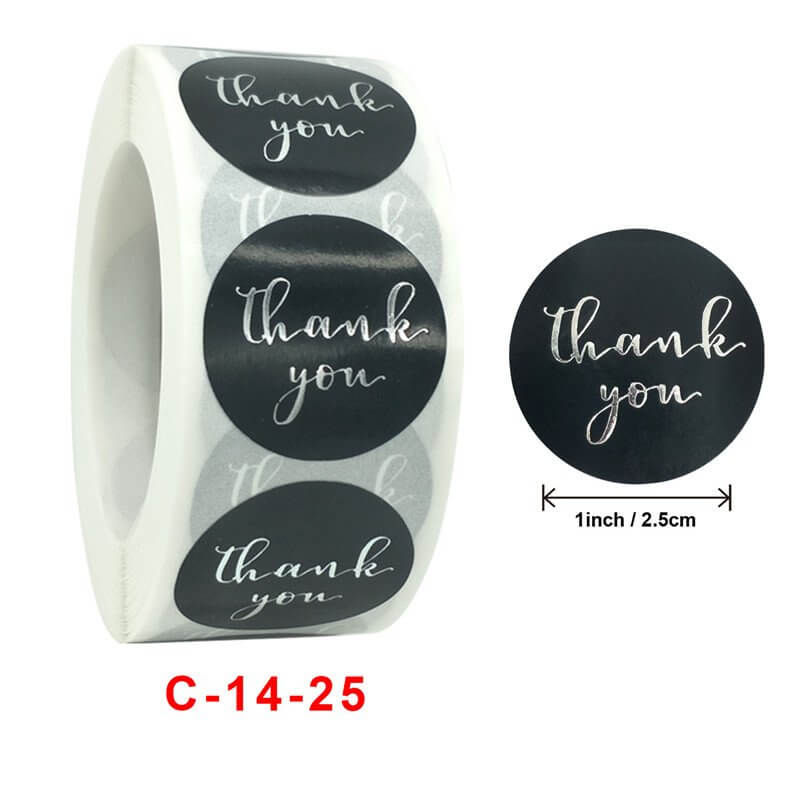 2.5cm Round Black Thank You Silver Print Sticker 50 Pack - C14-25