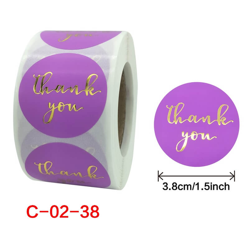 3.8cm Round Purple Thank You Gold Print Sticker 50 Pack - C02