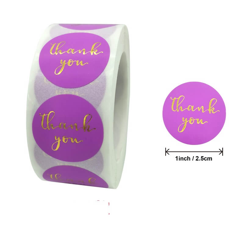2.5cm Round Purple Thank You Gold Print Sticker 50 Pack - C02