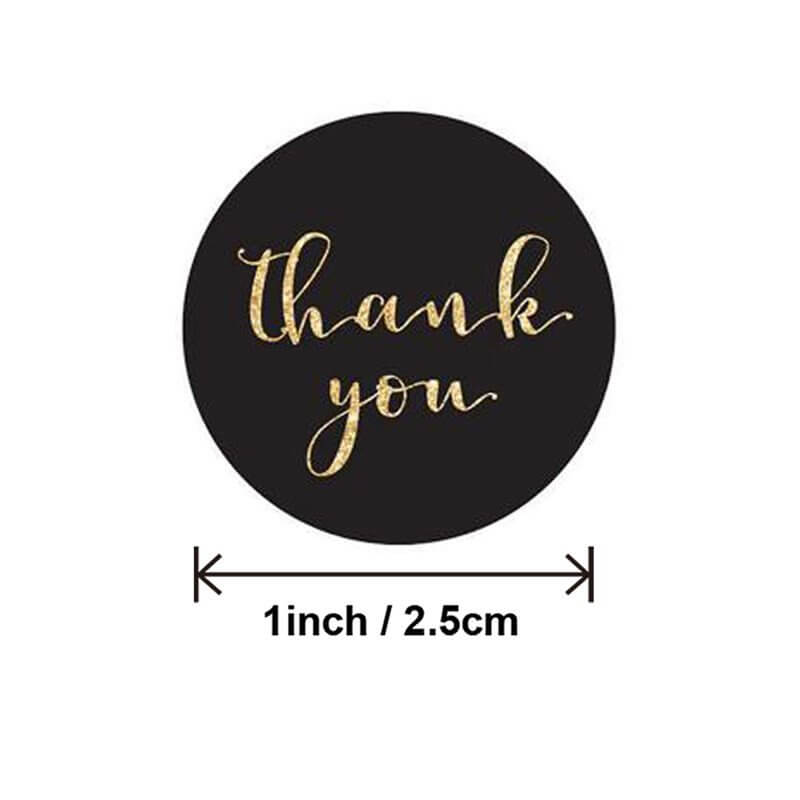 2.5cm Round Black Thank You Gold Print Sticker 50 Pack - C03