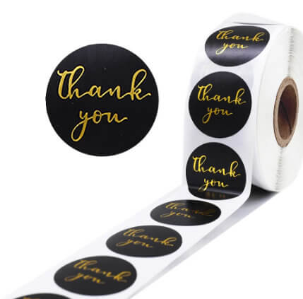 2.5cm Round Black Thank You Gold Print Sticker 50 Pack - C03