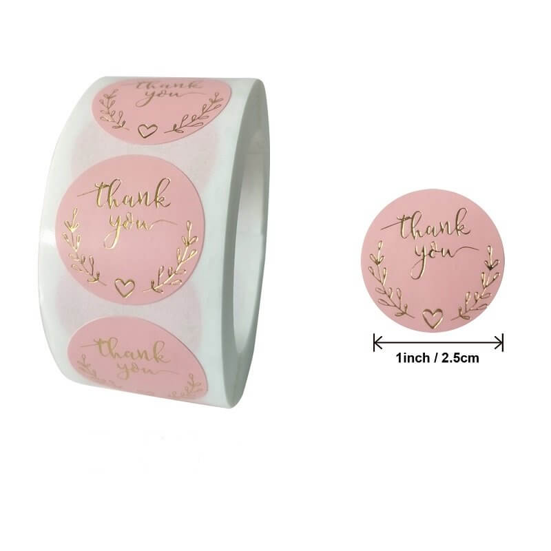 2.5cm Round Baby Pink Wheat Wreath Thank You Gold Print Sticker 50 Pack - C05