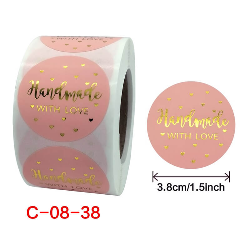 3.8cm Round Baby Pink Handmade With Love Gold Hearts Sticker 50 Pack - C08