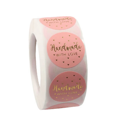 2.5cm Round Baby Pink Handmade With Love Gold Hearts Sticker 50 Pack - C08