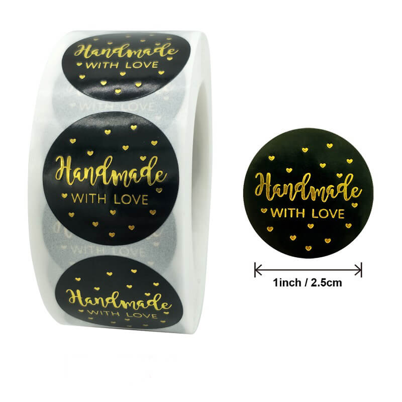 2.5cm Round Black Handmade With Love Gold Heart Sticker 50 Pack - C12