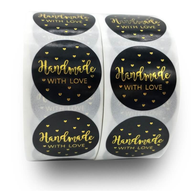 2.5cm Round Black Handmade With Love Gold Heart Sticker 50 Pack - C12