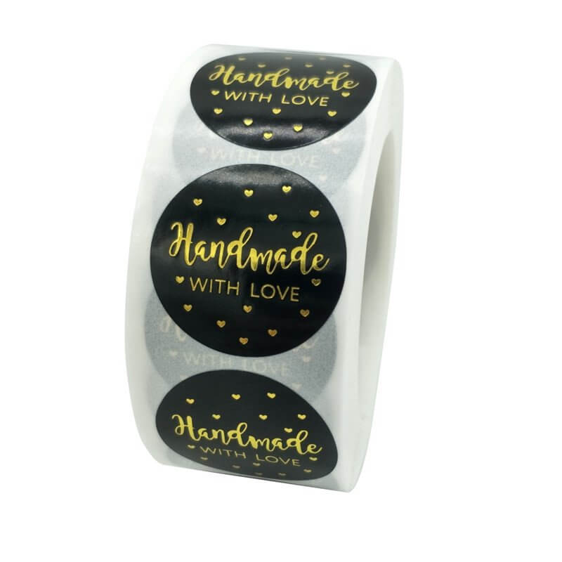 2.5cm Round Black Handmade With Love Gold Heart Sticker 50 Pack - C12