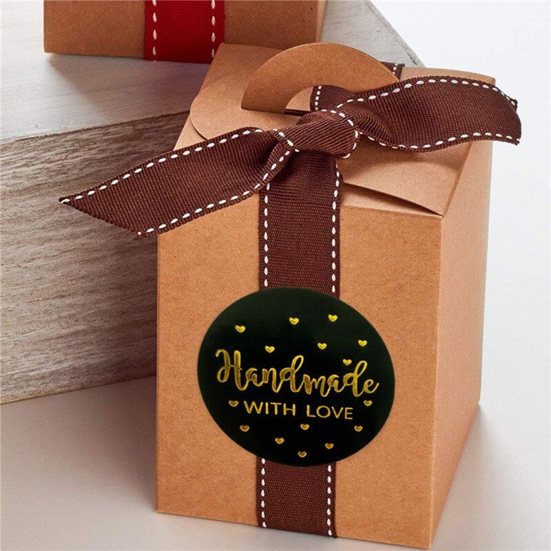 2.5cm Round Black Handmade With Love Gold Heart Sticker 50 Pack - C12