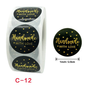 2.5cm Round Black Handmade With Love Gold Heart Sticker 50 Pack - C12