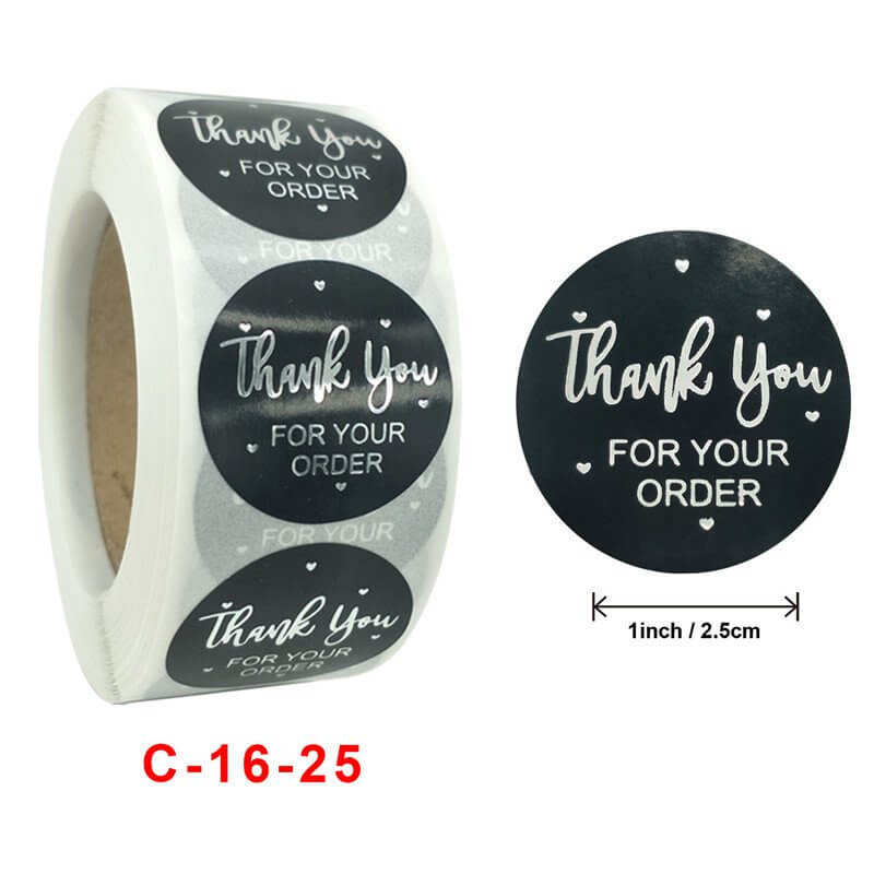 2.5cm Round Black Thank You For Your Order Silver Print Sticker 50 Pack - C16-25