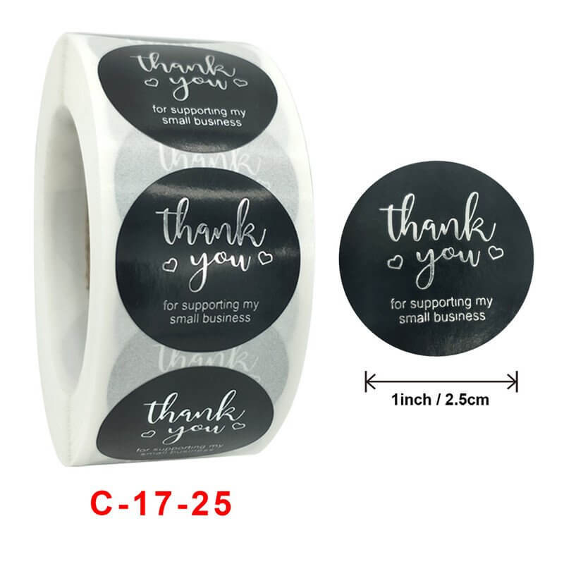 2.5cm Round Black Thank You For Supporting My Small Business Silver Print Sticker 50 Pack - C17-25