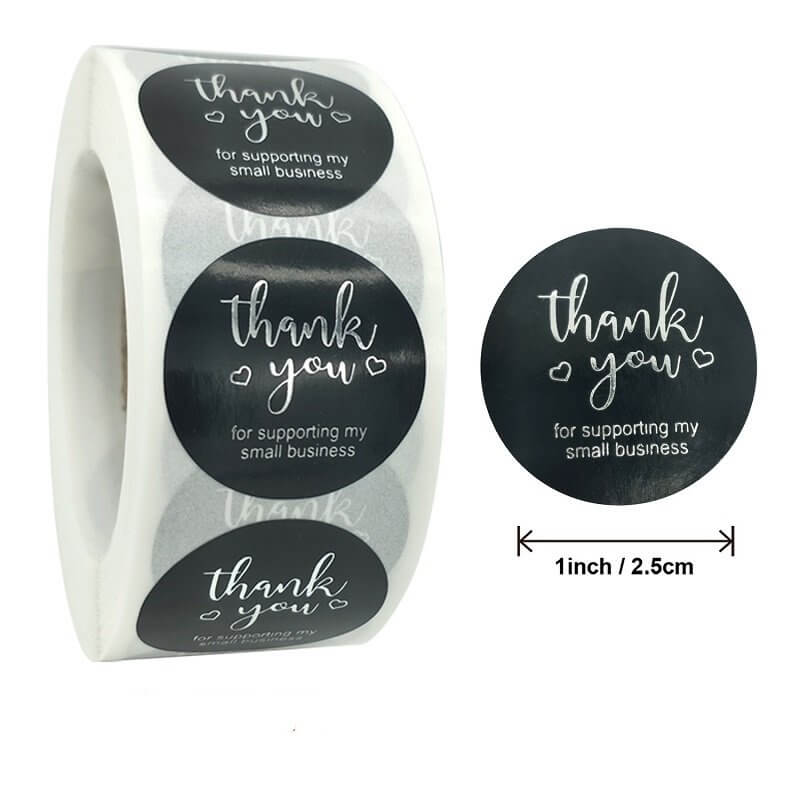 2.5cm Round Black Thank You For Supporting My Small Business Silver Print Sticker 50 Pack - C17-25