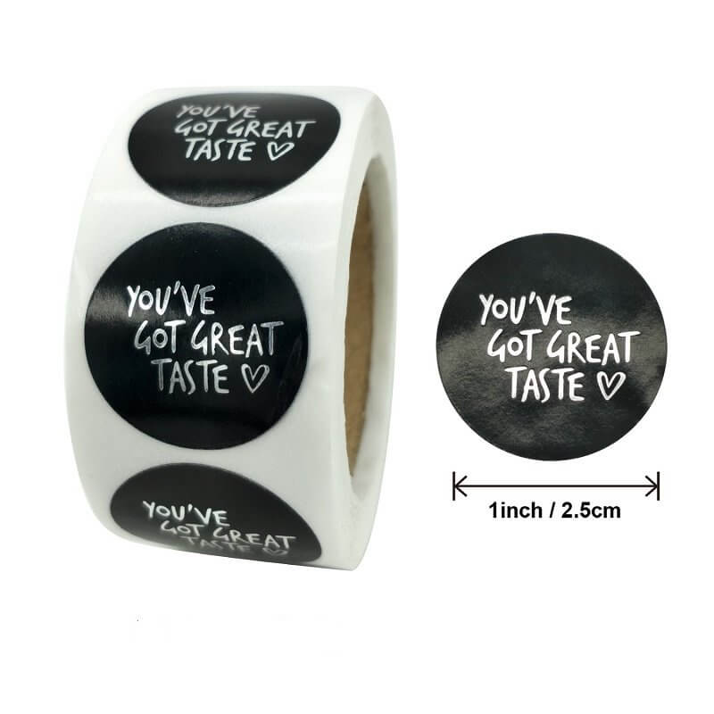 2.5cm Round Black You've Got Great Taste Heart Sticker 50 Pack - C21-25