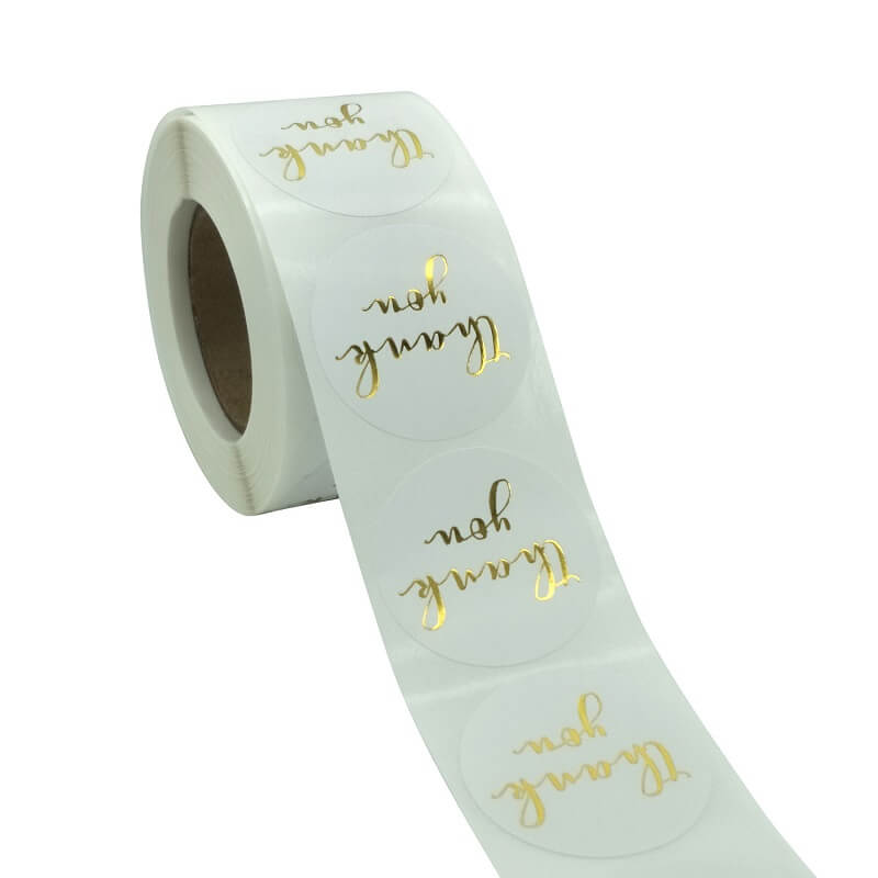 3.8cm Round White Thank You Gold Print Sticker 50 Pack - D02