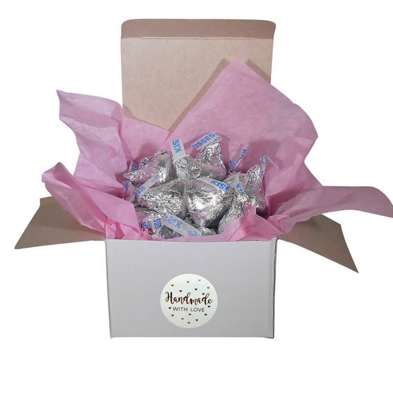 3.8cm Round White Handmade With Love Rose Gold Hearts Sticker 50 Pack - D15-38