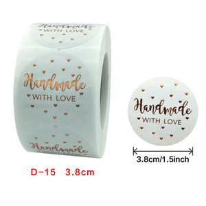 3.8cm Round White Handmade With Love Rose Gold Hearts Sticker 50 Pack - D15-38