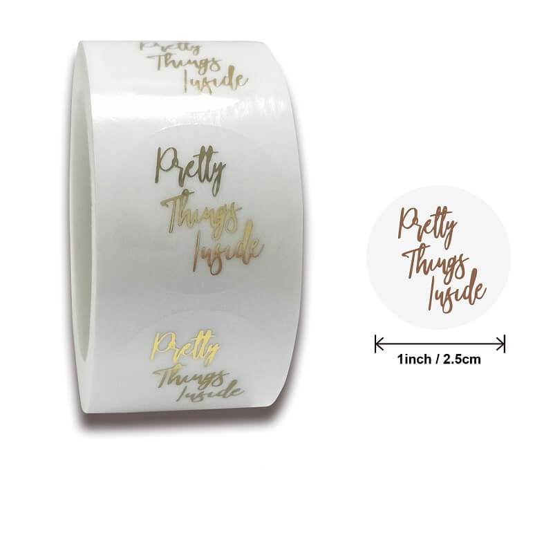 2.5cm Round Transparent Pretty Things Inside Gold Print Vinyl Sticker 50 Pack - E03