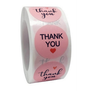 2.5cm Round Baby Pink Thank You Red Heart Sticker 50 Pack - G04