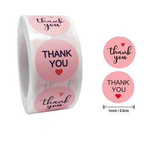 2.5cm Round Baby Pink Thank You Red Heart Sticker 50 Pack - G04