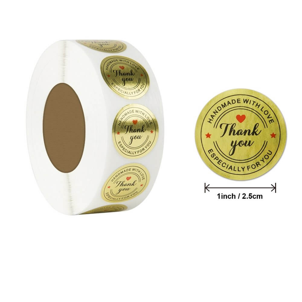 2.5cm Round Handmade With Love Thank You Especially For You Gold Vinyl Sticker 50 Pack - H01