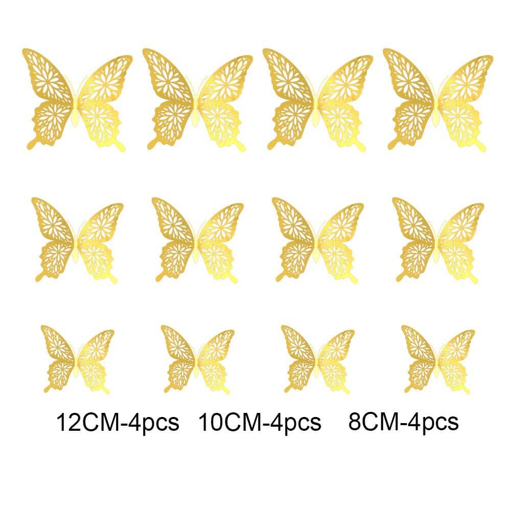 3D Removable Paper Butterfly Wall Sticker 3 Size 12 Pack - Metallic Gold
