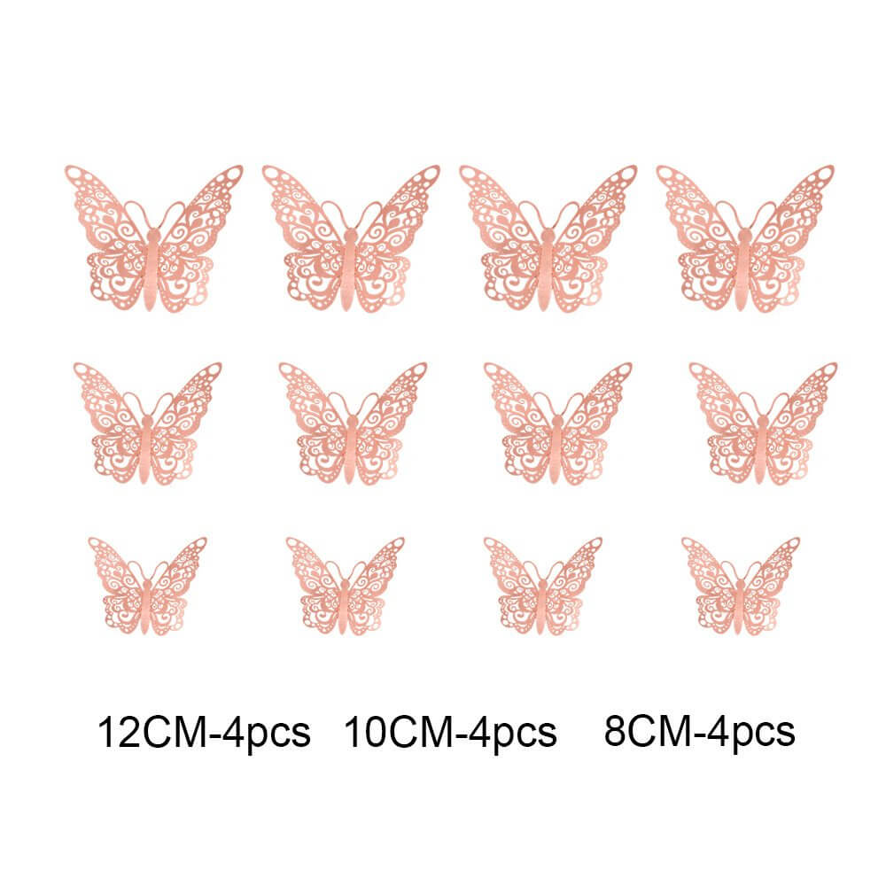 3D Removable Paper Butterfly Wall Sticker 3 Size 12 Pack - Metallic Rose Gold - HB012