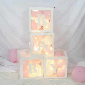 Transparent & White BABY Balloon Cube Boxes - Baby Shower and Gender Reveal Party Decorations