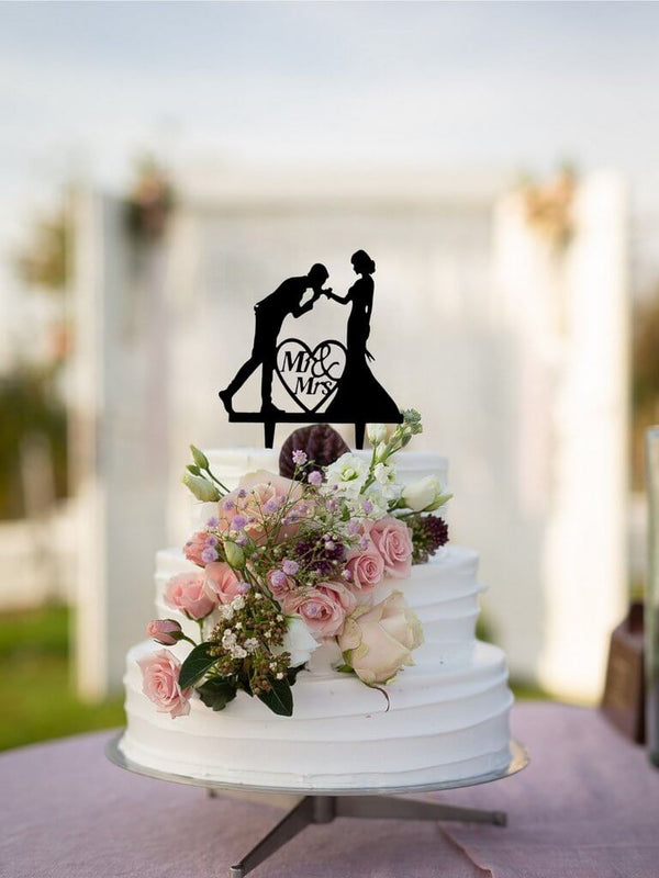 Silhouette Groom Kissing Brides Hand Mr and Mrs Cake Topper