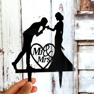 Silhouette Groom Kissing Bride's Hand Mr. and Mrs. Wedding Cake Topper