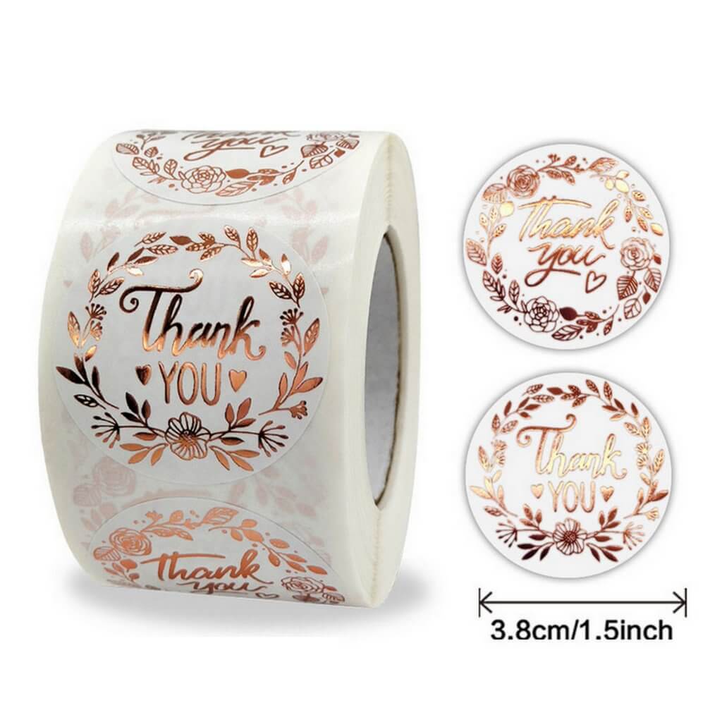 3.8cm Round White Thank You Floral Wreath Rose Gold Print Sticker 50 Pack - K82-38