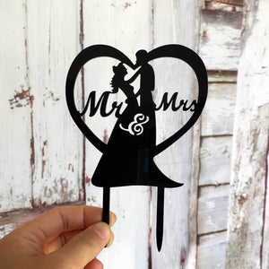 Silhouette Couple Hugging Mr and Mrs Heart Shaped Wedding Cake Topper