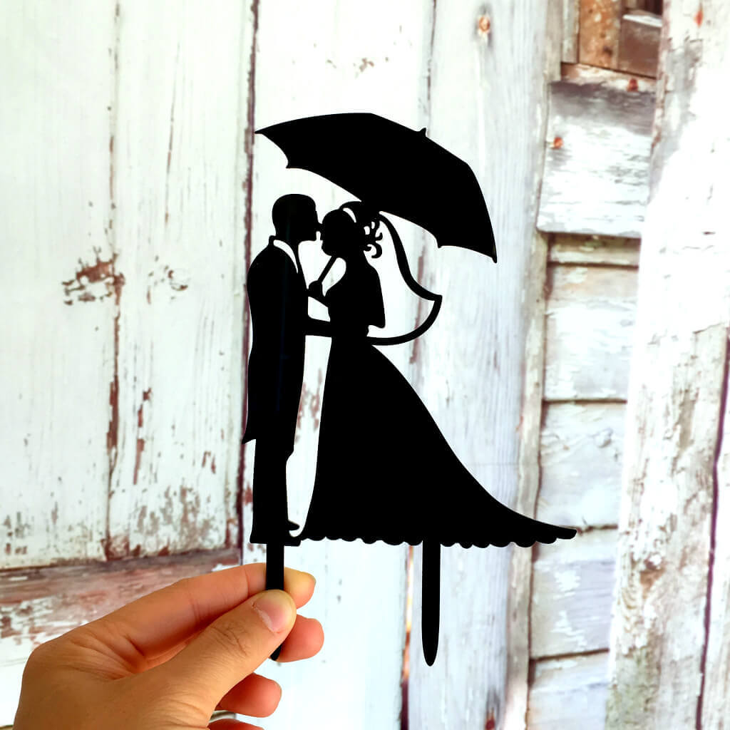 Silhouette Bride and Groom Under Umbrella Wedding Cake Topper