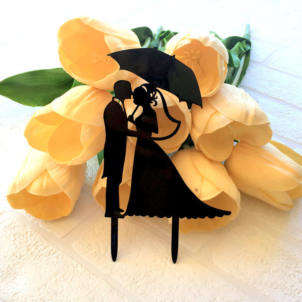 Silhouette Bride and Groom Under Umbrella Wedding Cake Topper