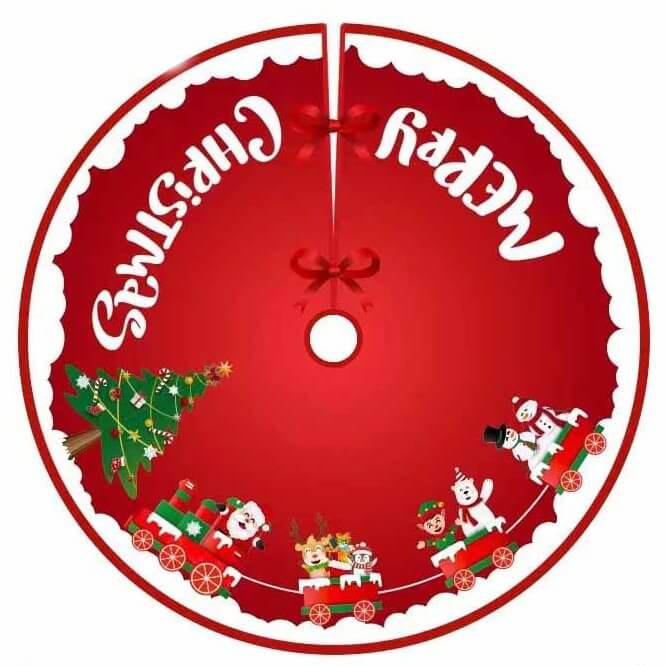 90cm Fabric Red Merry Christmas Tree Skirt - Santa On Train