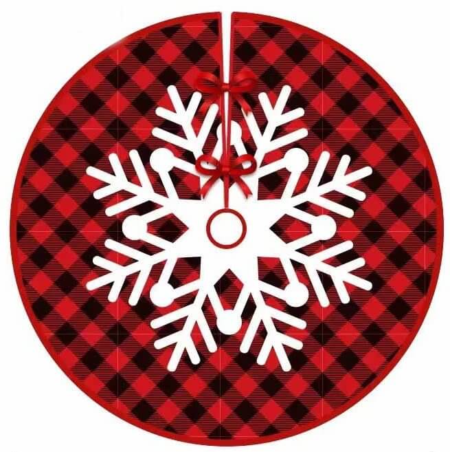 90cm Fabric Black Red Gingham Christmas Tree Skirt - White Snowflake