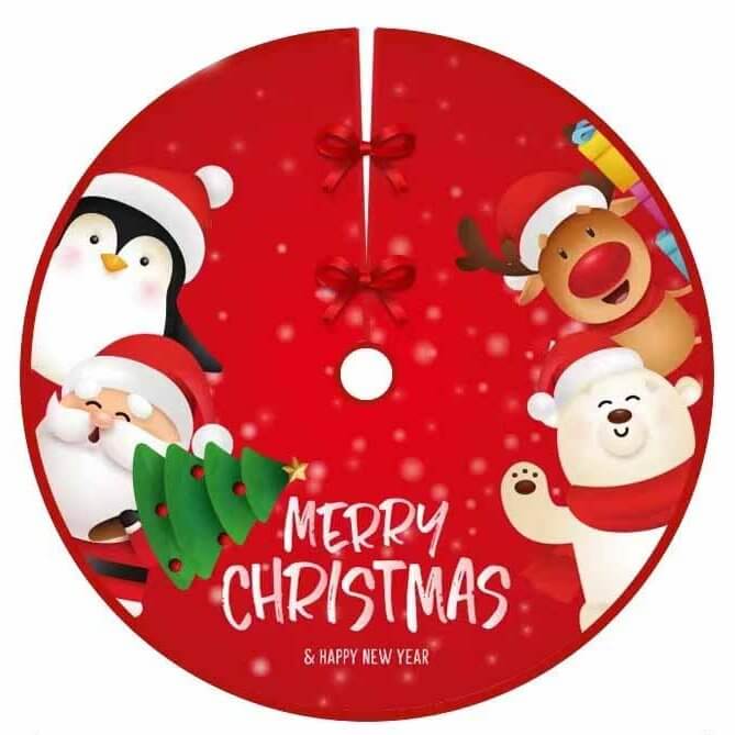 90cm Red Fabric Merry Christmas Tree Skirt - Penguin, Santa, Polar Bear & Reindeer