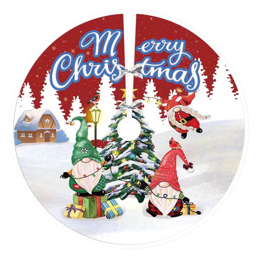 90cm Red & White Fabric Merry Christmas Tree Skirt -Three Playing Gnomes and Xmas Tree