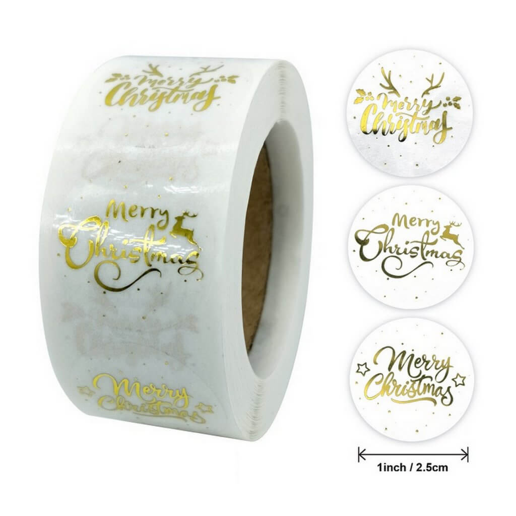 Round Gold Foil Clear Merry Christmas Stickers - Christmas Gift Packing and Wrapping Supplies